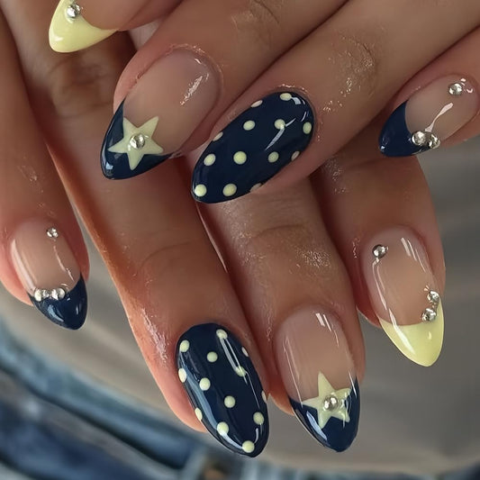 Yellow Polka Dot Press on Nails Medium Almond Fake Nails Star False Nails French Tips Nail Press ons with Rhinestones Glue on Nail Blue Full Cover Acrylic Nail Press ons for Women Manicure 24pcs
