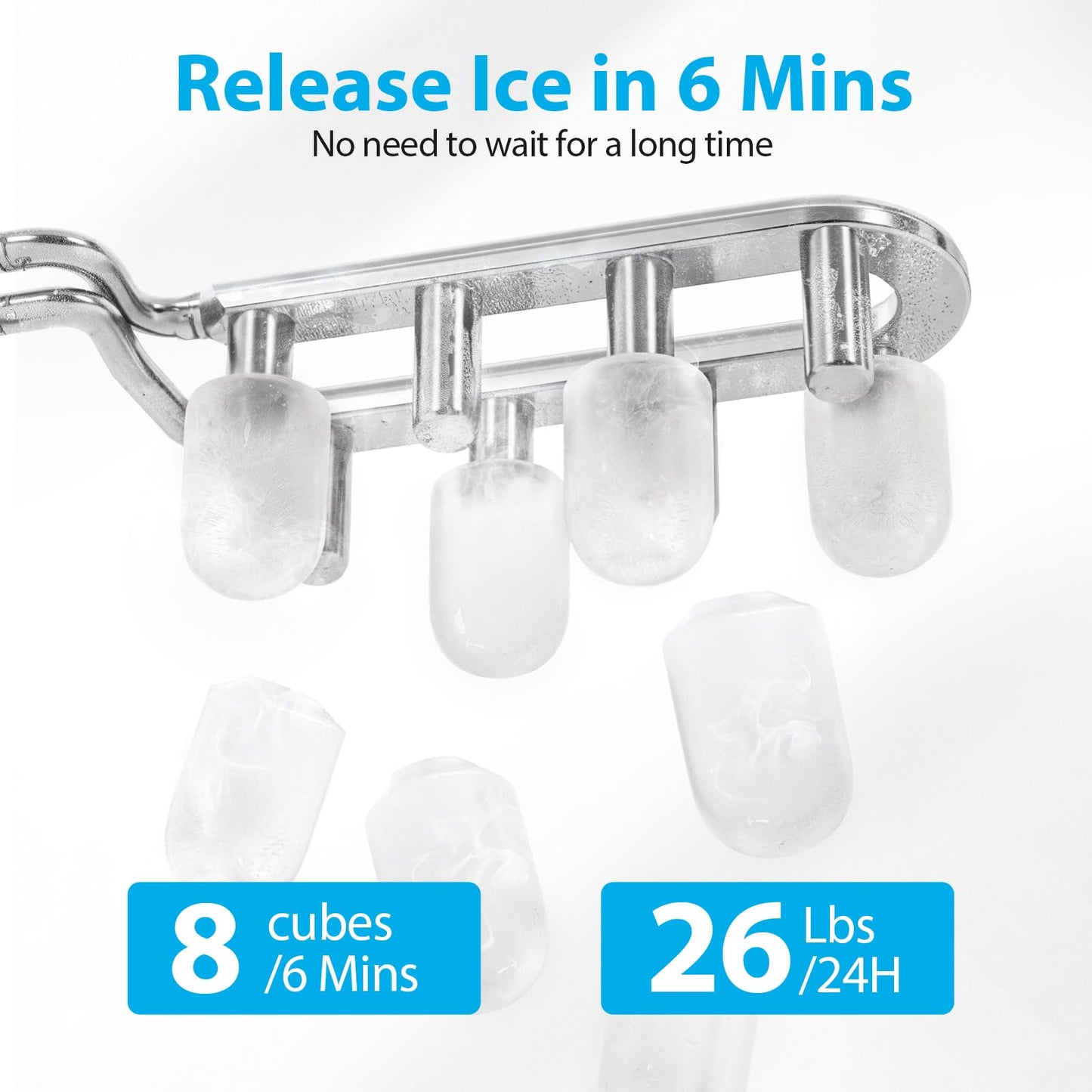 Aeitto Ice Maker Countertop 26lbs/24H, Ice Machine 8 Ice Cubes Ready in 6 Mins, Auto Self-Cleaning for Home/Kitchen/Office Stainles with Basket & Scoop, s2 Sizes of Bullet Ice Portable Ice Makers