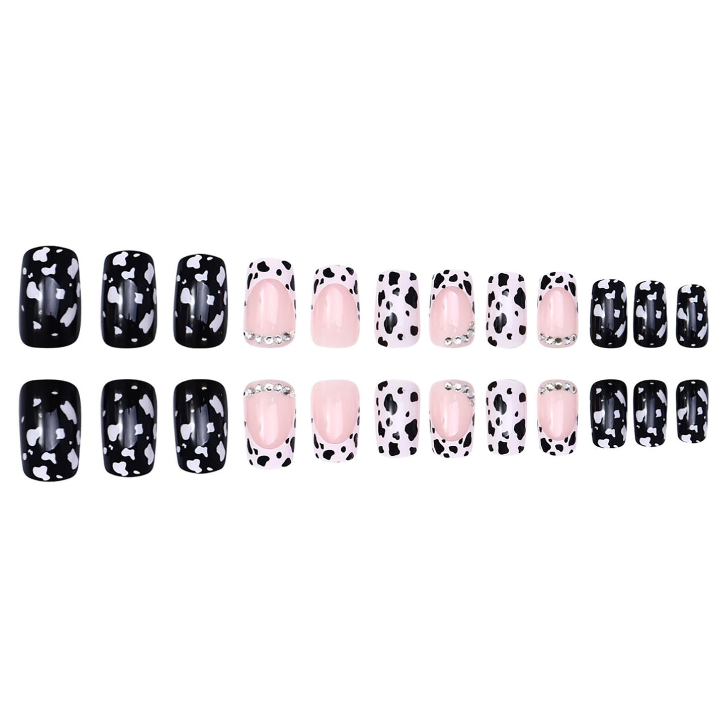 24 Pcs French Tip Press on Nails Short Square Shaped Fake Nails with Cow Print and Rhinestones Design Pink Glossy Leopard Acrylic Nails Full Cover Stick on Nail for Women Nail Manicure Decoration