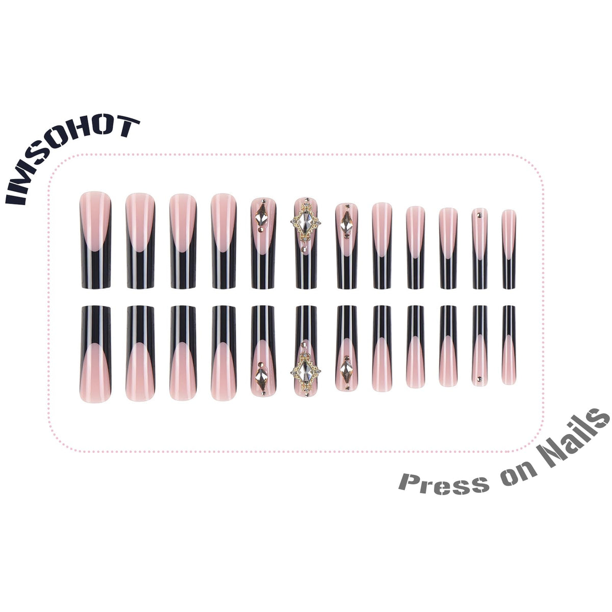 IMSOHOT French Tip Press on Nails Long Square Fake Nails with Golden Rhinestone Design Black Nail Tips Glossy Glue on False Nails Full Cover Stick on Nails for Women