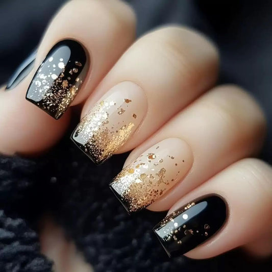 Medium Press on Nails Square - Black Fake Nails with Gold Glitter Design - French Tip Stick on False Nails - for Women 24 Pcs