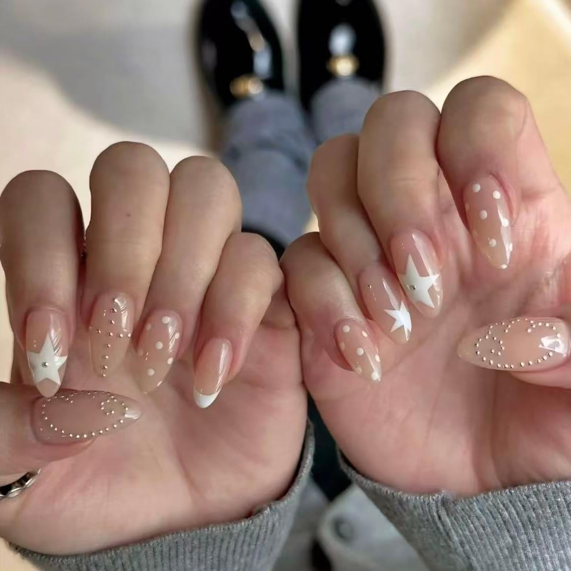 Handmade French Tip Press on Nail Almond Fake ons with Designs Chrome False Nails Long Glossy Full Cover Glue on Nails Stick Women Nails Manicure Decoration 10Pcs (MT-177-S)