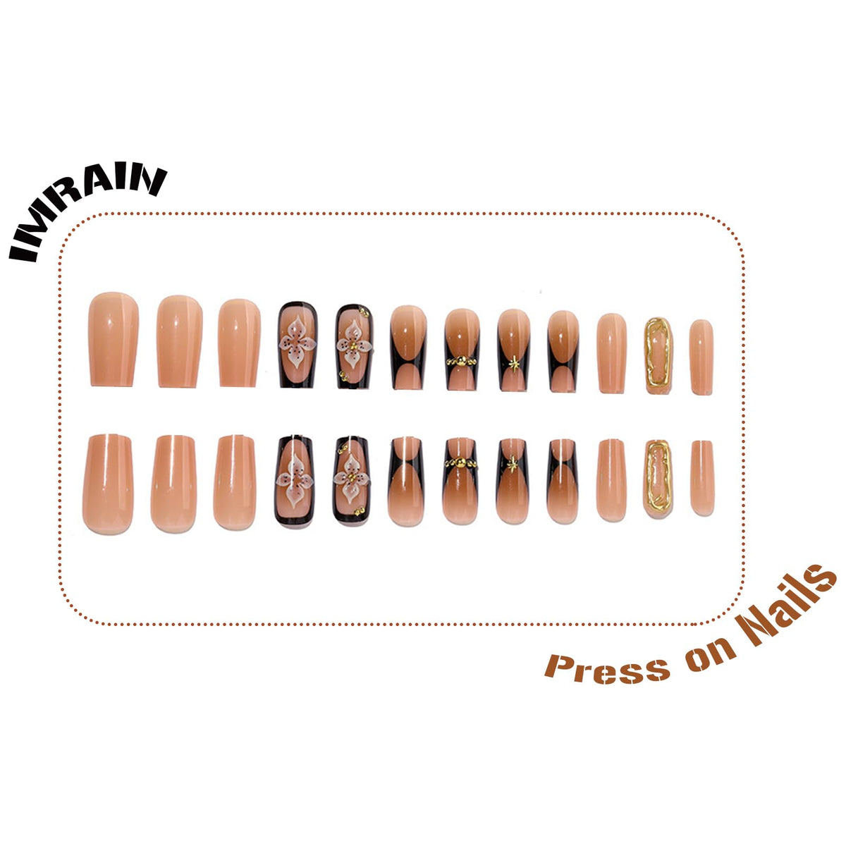 IMRAIN Press on Nails Long Square Fake Nails Brown Ombre False Nails Glossy Acrylic Stick on Nails for Women