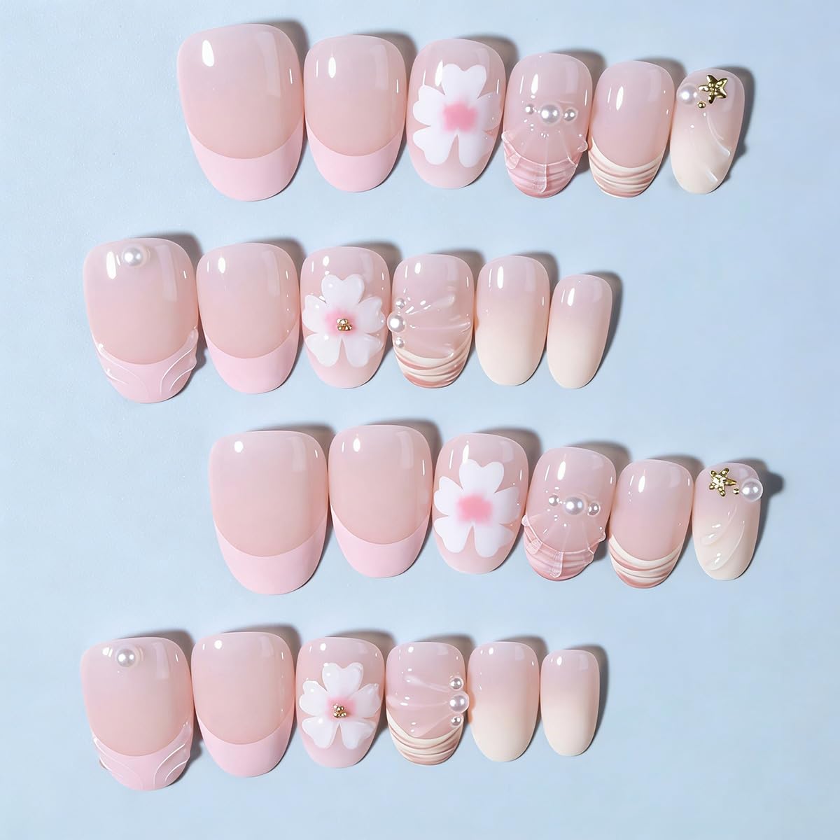 24Pcs Summer Beach Press on Nails Short Almond False Nails 3D Ocean Seashell Starfish Rhinestones Pearl Design Cute Flower Fake Nails Tropical Vacations Glue on Nail for Women Acrylic Manicure Salon
