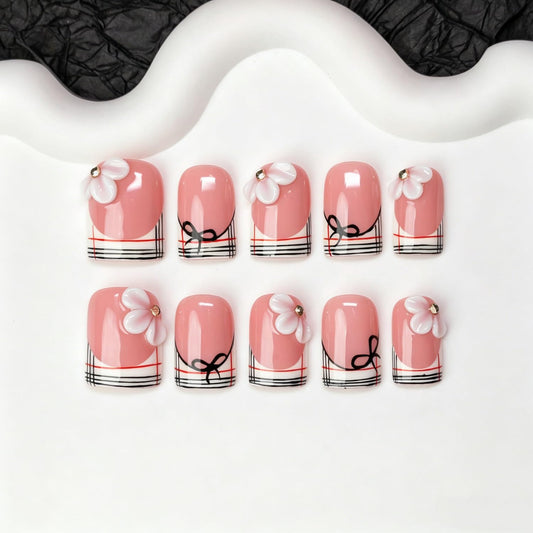 Luxury 3D Flower Short Square Press on Nails Handmade Fake Nails with Floral & Bow Art Design Stripe French Tip False Nails Muti-Layer Gel Handmade Thicked Acrylic Stick on Nail for Women (M)