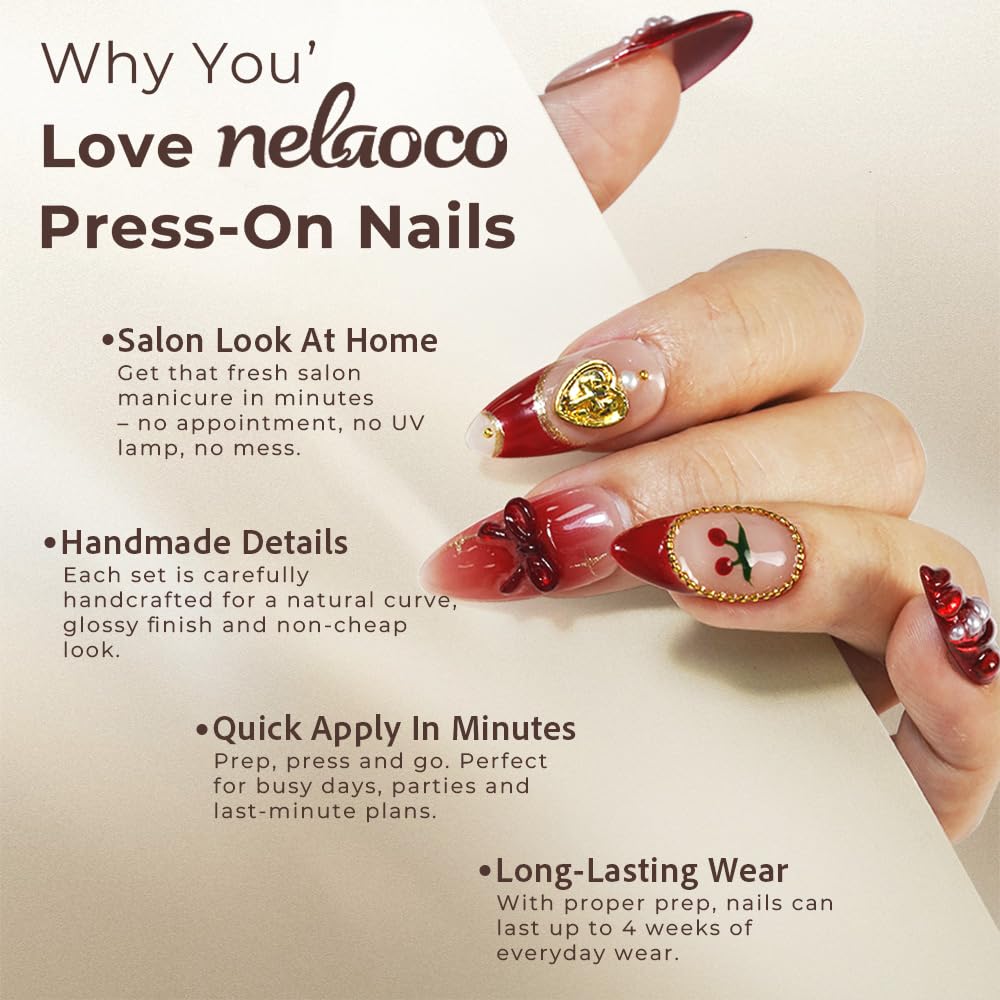 Nelaoco 10PCS Handmade Press On Nails REUSABLE 3D Gel Fake Nails Acrylic Slim Natural Profile Glassy Shine & Detail-Focused Finish (Champagne Rose Quartz - S)