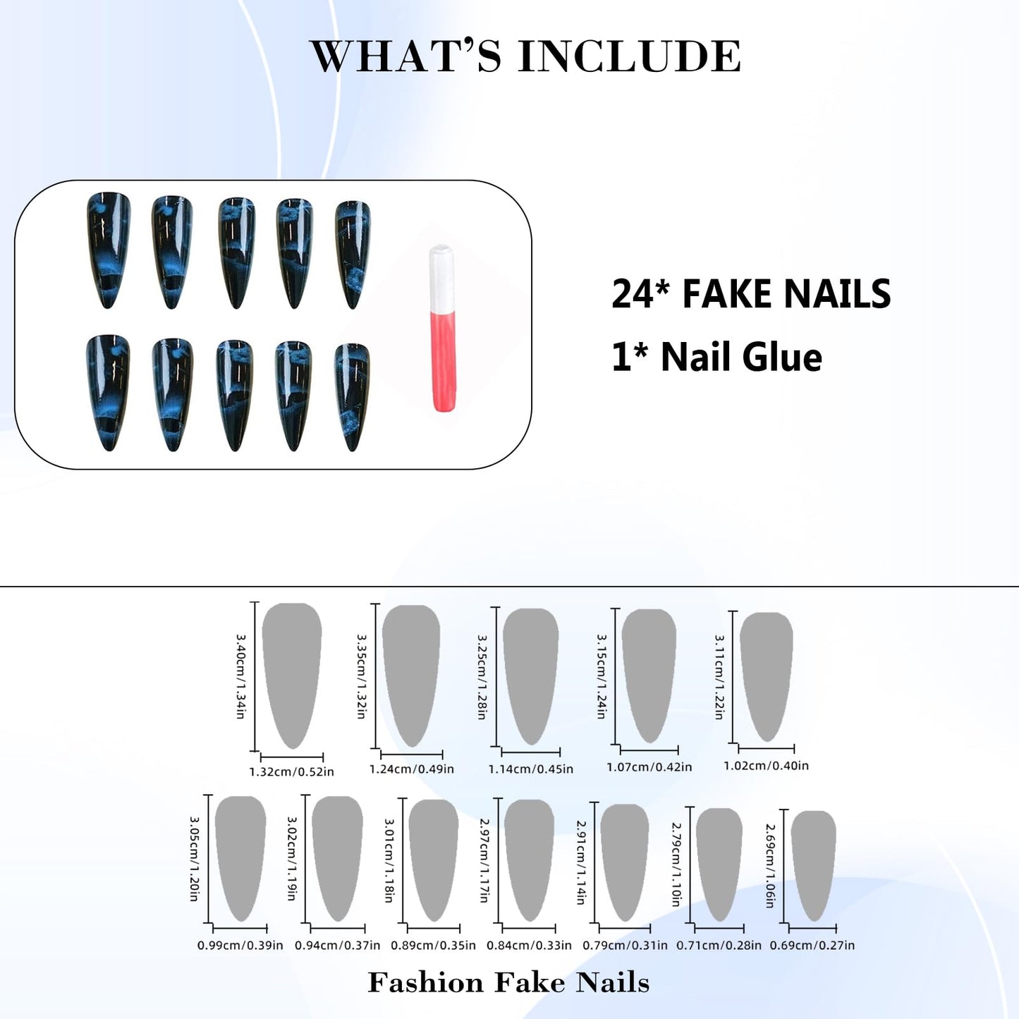 IMRAIN Long Press on Nails Stiletto Fake Nails Black Ombre False Nails with Dark Blue Butterfly Designs Full Cover Acrylic Glossy Nail Supplies Glue on Nails DIY Nail Art 24Pcs
