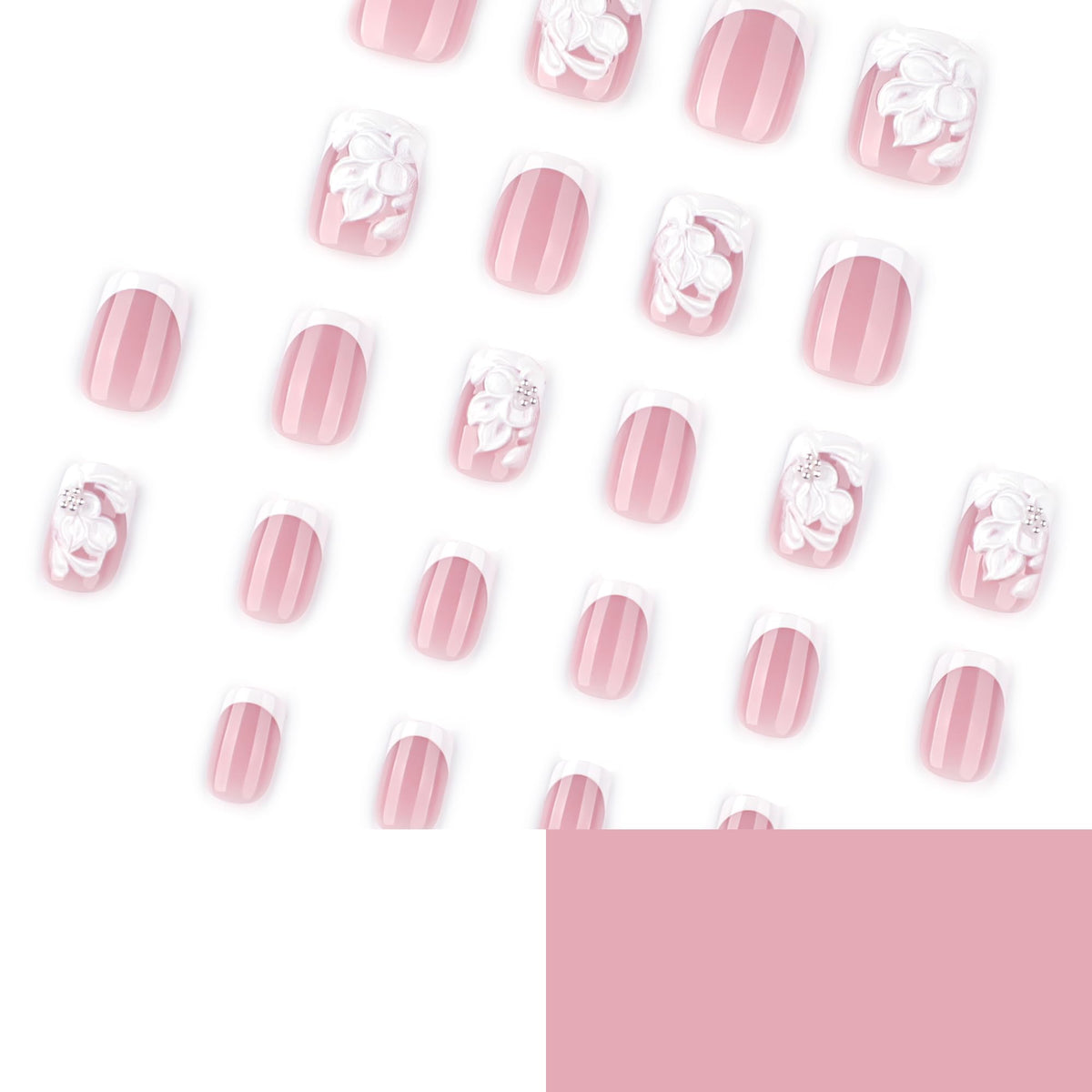 OCOUYVD 24 Pcs 3D Flower Press-on Nails White French Tip False Nails Embossed Floral Steel Ball Designs Spring Short Square Glossy Acrylic Nails Full Cover Stick-on Nails for Women Nail Art