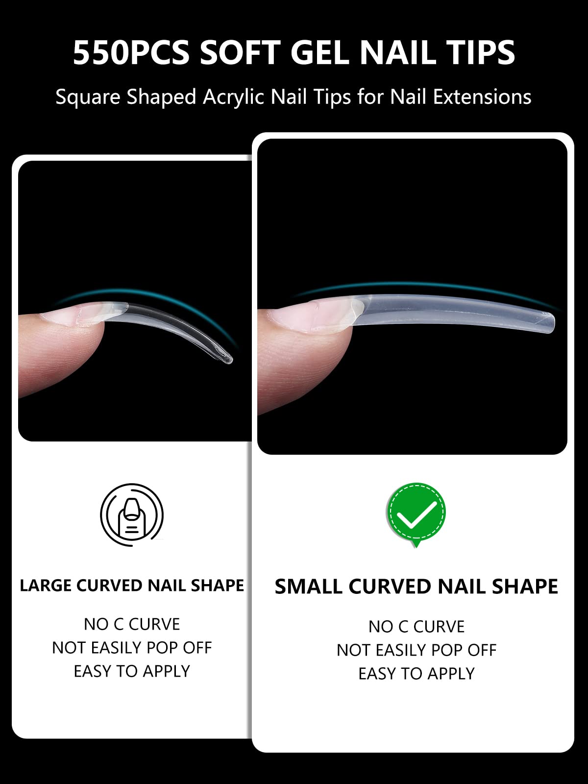 Yokilly Clear Coffin Nails Tips, 550PCS Long C Curved Nail Tips for Acrylic Nails Professional, Half Cover Square Soft Gel Fake Nail Tips for Dip Powder Nail Salons and DIY Nail Art