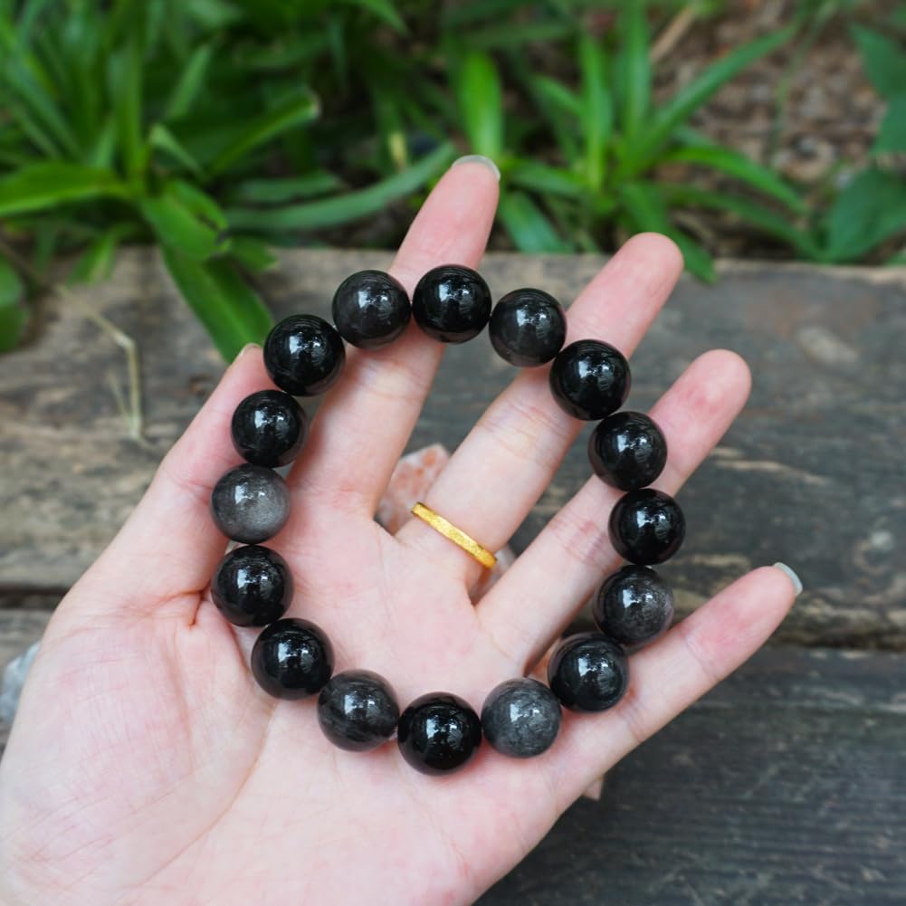 TaHLga 12mm Silver Obsidian Crystal Bracelet for Men Women | Natural Root & Third Eye Chakra Stone | Protection & Intuition | Fits for Large Wrist 8-8.5" | Come with Box & Pouch