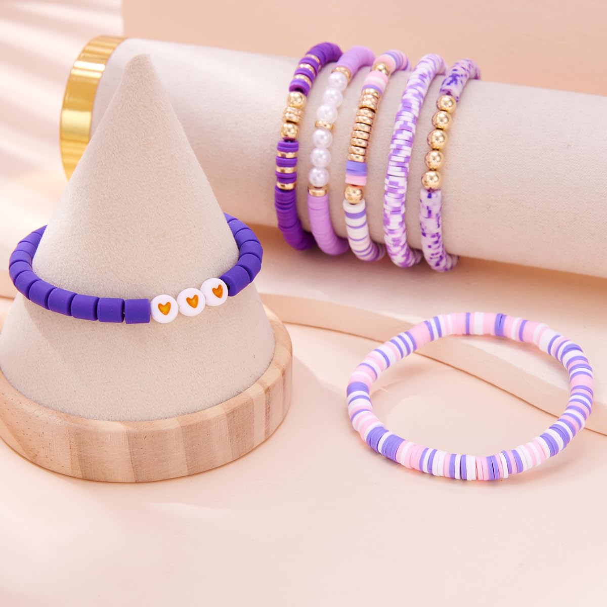 YEOSMINE Boho Heishi Clay Beaded Stretch Bracelets Stack For Women, Preppy Teens Friendship Gold Bracelets Cute Beach Surfer Accessories Bulk Set Trendy Fashion Jewelry