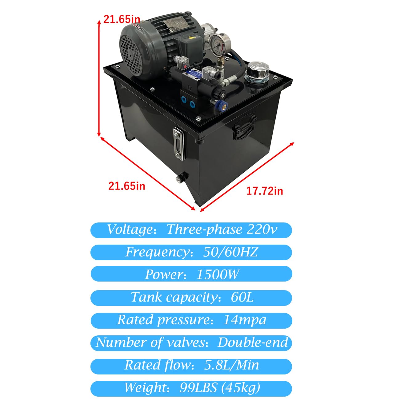 HQHAOTWU Small Hydraulic Station Gear Pump 220V Electric Hydraulic Pump Unit with 60L Tank Capacity, 5.8L/Min Rated Flow