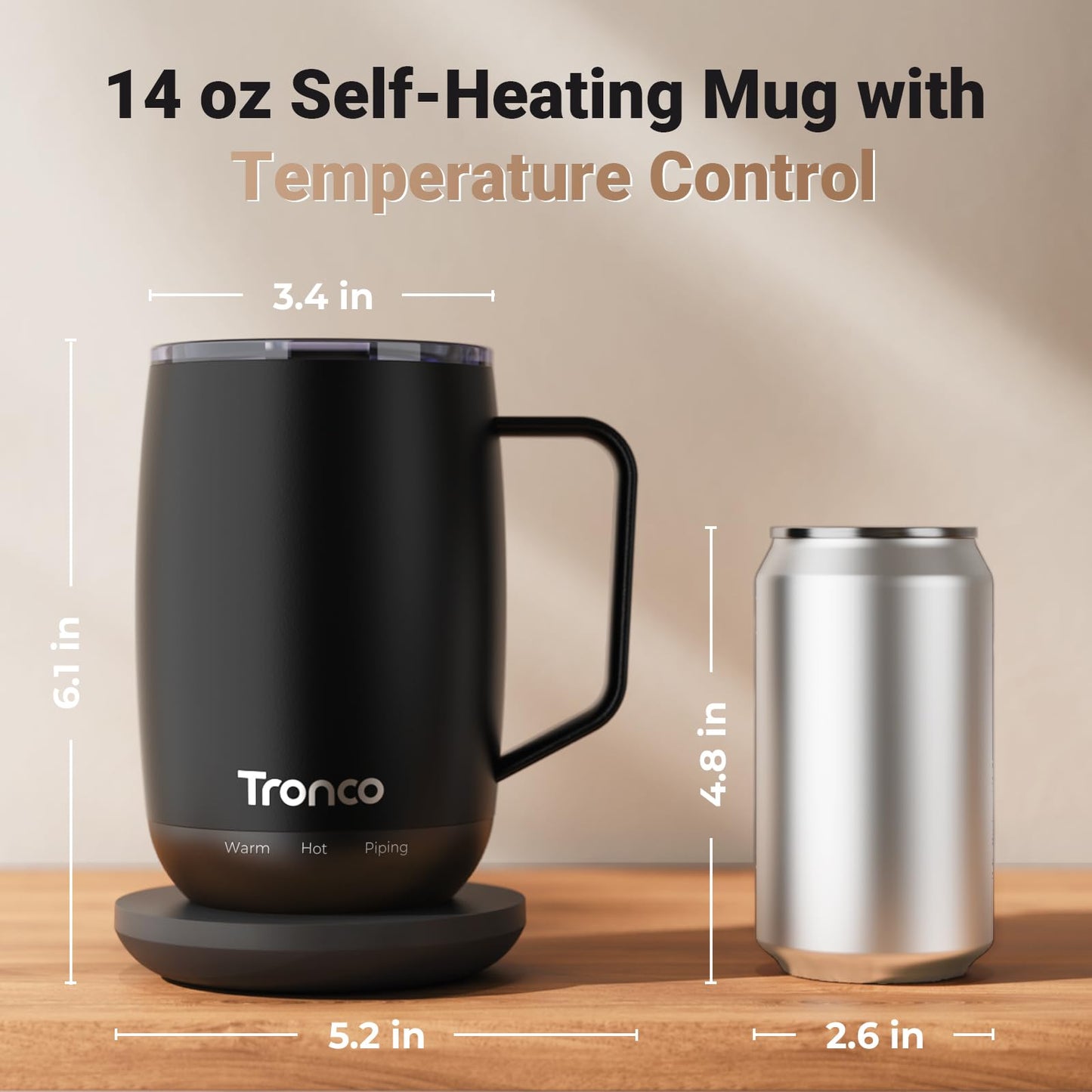 Tronco Temperature Control Heated Coffee Mug 14 oz – Rechargeable Self-Heating Coffee Cup with Lid – Manual Control, 3 Modes, 130 Min Battery Life, Auto Shut-Off (Rose)