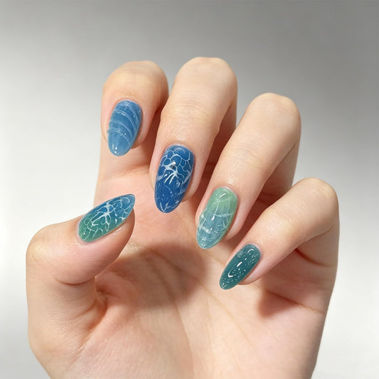 Ocean Press on Nails Medium Almond, 3D Sea Themed False Nails, Glossy Blue Green Ombre Fake Nail Sea Wave Glue on Nail, Seashell Stick on Reusable Acrylic Fingernails for Women Summer Daily Wear