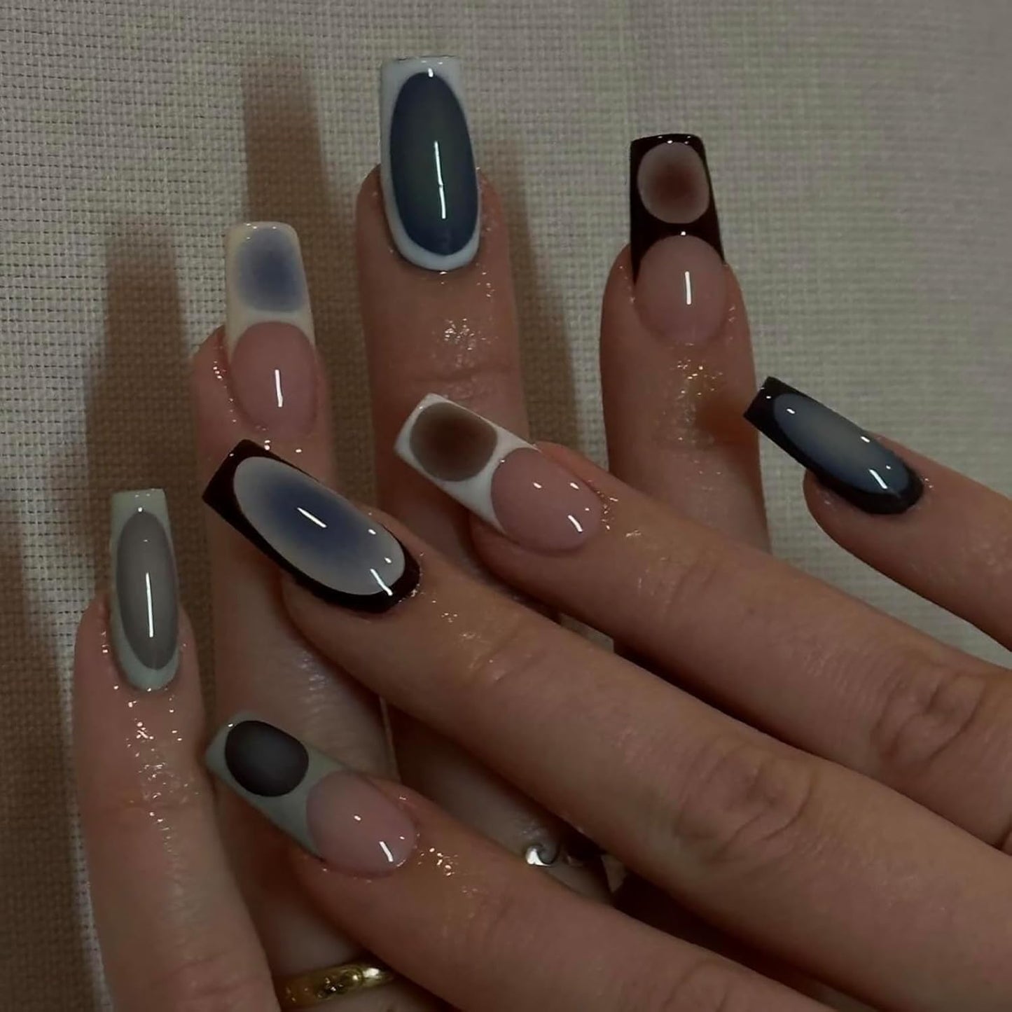 IMSOHOT Press on Nails Medium Square Fake Nails Glossy Dark Green Blue Ombre French Tips Acrylic False Nails Gel Full Cover Acrylic Glue Stick on Nails for Women Girls 24Pcs