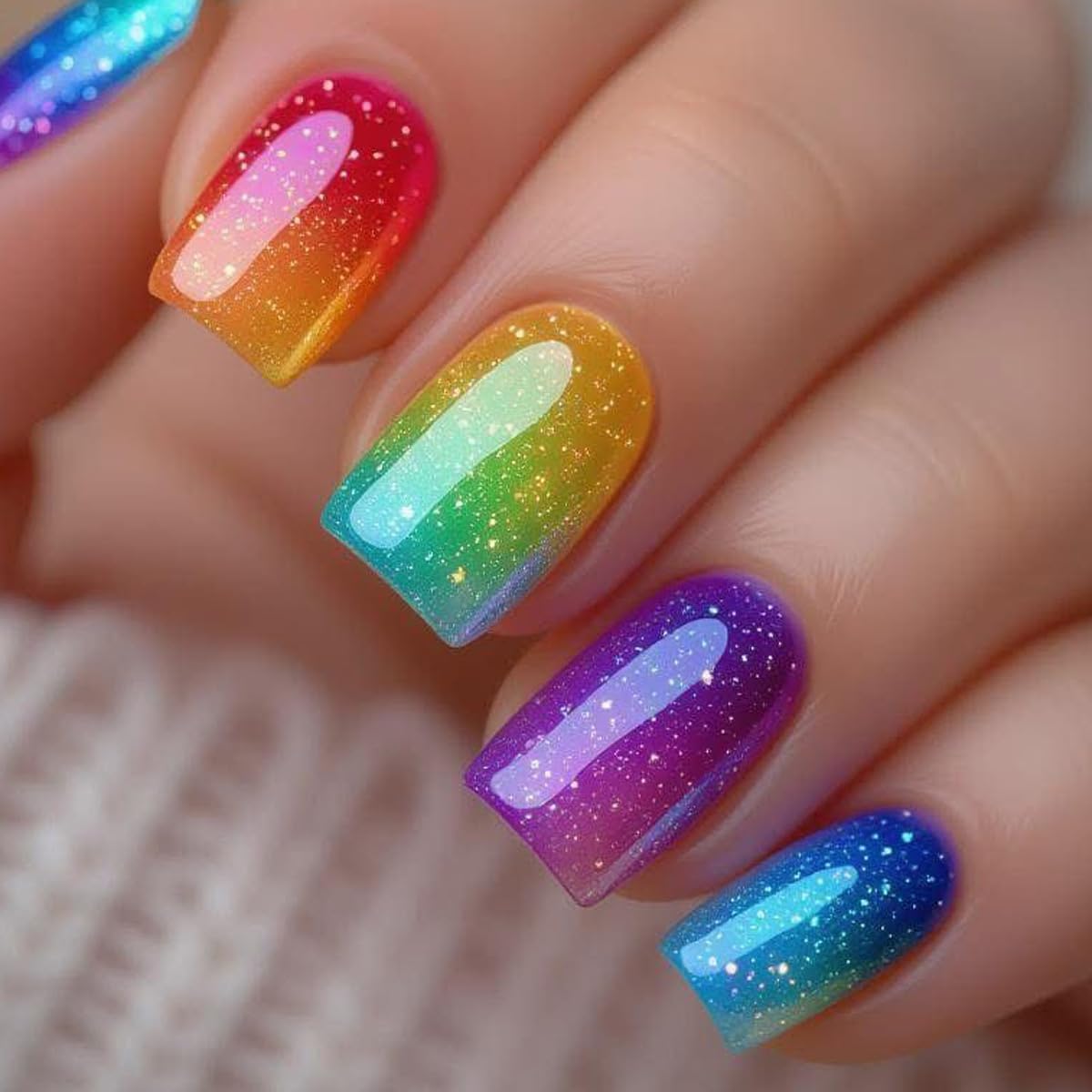Short Square Press on Nails Summer Fake Nails Cute Short False Nails Glitter Gradient Full Cover Nail Tips Artificial Acrylic Nails Press ons Stick on Nail for Women 24PCS
