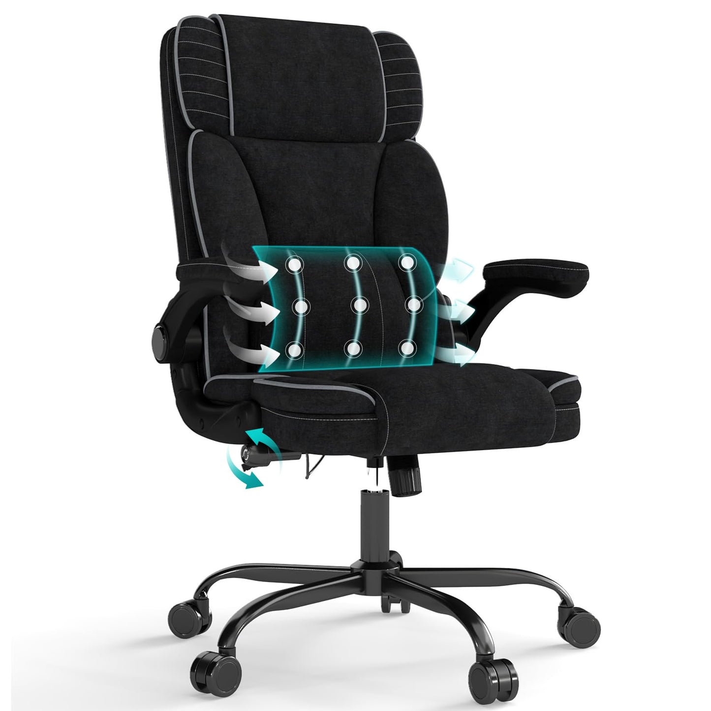 Big and Tall Office Chair with Adjustable Lumbar Support,Breathable Fabric High Back Desk Computer Chair with Adjustable Flip-up Armrests,Ergonomic Swivel PC Chair with Rocking Function