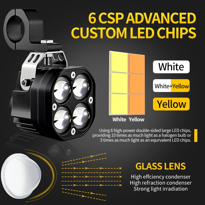 APMAT Universal Motorcycle LED Lights Auxiliary Spotlights White/Amber Driving Fog Light, High/Low Beam Switchback with 7 Modes Dual-Color Strobe for Night Riding, 2PCS