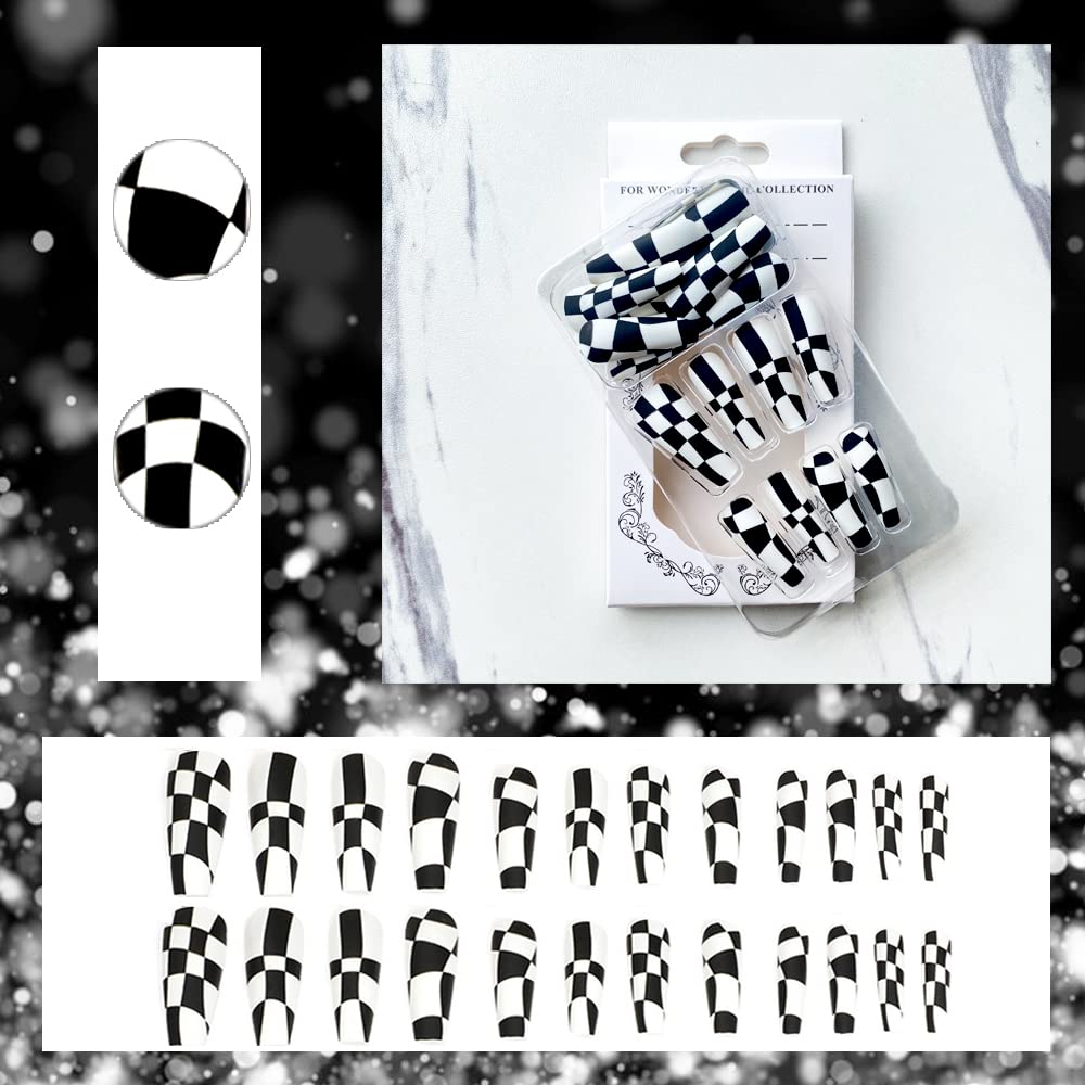 24Pcs Coffin Press on Nails Long Black White Fake Nails with Nail Glue Glossy Checkerboard Ballerina False Nails Acrylic Nails Tips Supplies for Women and Girls Nail Decorations