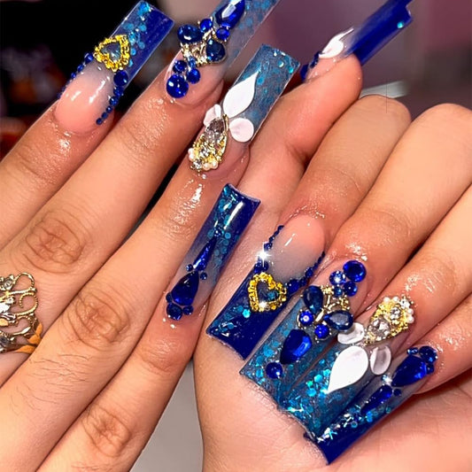 Luxury French Tip Press on Nails Shiny Blue Rhinestones Sequins Fake Nail Acrylic Long Full Cover Stick on Nails for Women Glossy Reusable False Nail 24 PCS 12 Sizes Kit Gift Manicure Decoration