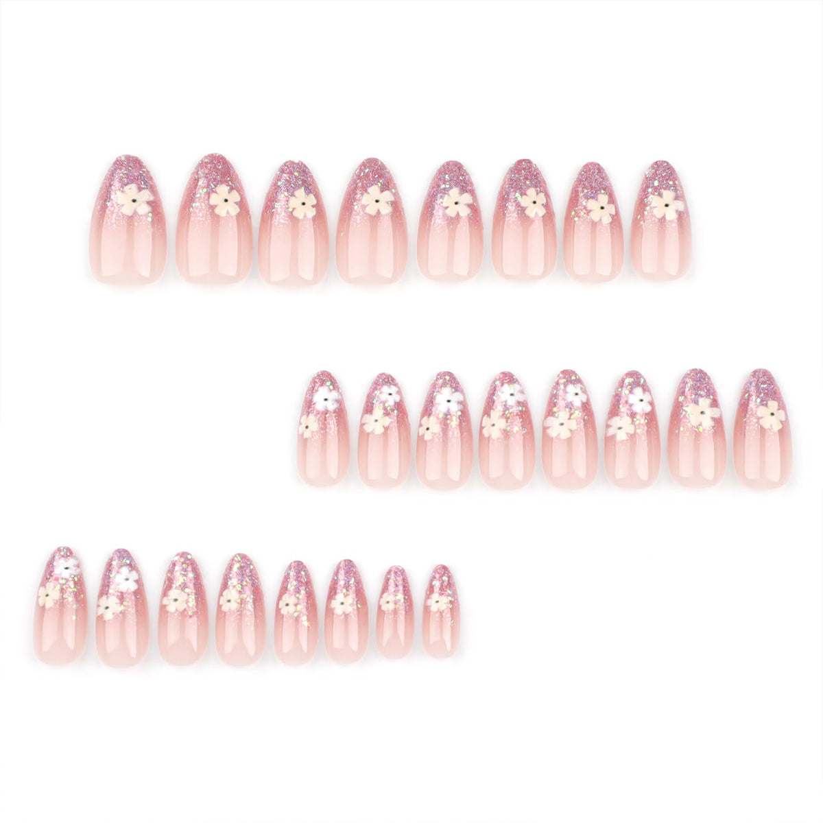 Spring Press on Nails Short Almond Fake Nails with White Flower Glitter Designs Nude Pink Nails Press ons Glossy Full Cover Glue on Nails Reusable Acrylic Artificial Nails for Women