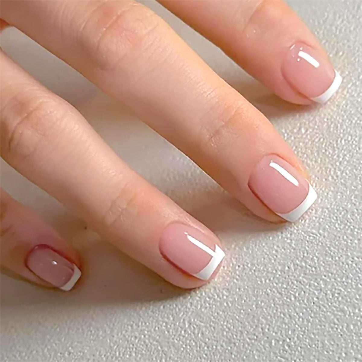24Pcs White French Tip Press on Nails Short Square Fake Nails Glossy Design Full Cover Nude Pink Glue on Nails French Tip Acrylic False Nails Reusable Stick on Nails for Women DIY Daily Manicure Decor