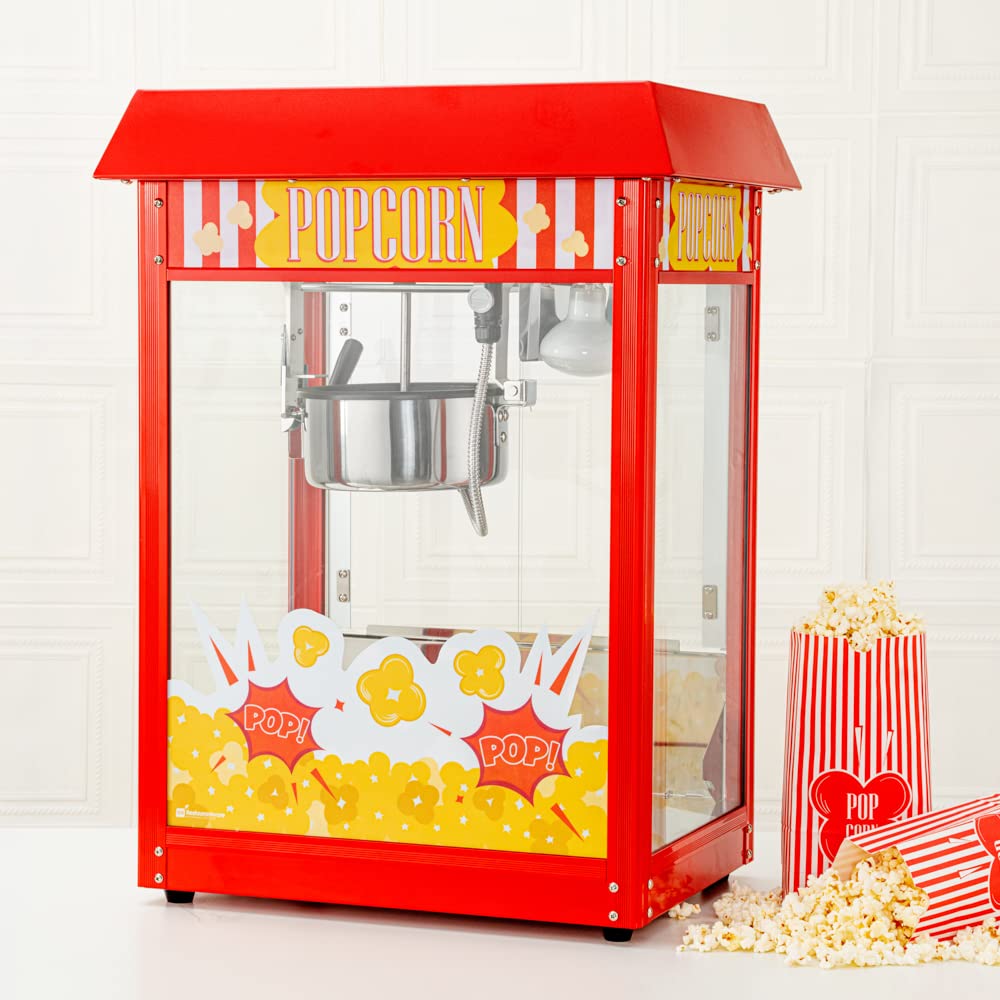 Restaurantware Hi Tek 8 Ounce Commercial Popcorn Popper Machine 1 Electric Popcorn Maker Machine - Popcorn Cart Sold Separately 3-Switch Operation Red Stainless Steel Popcorn Machine 120V