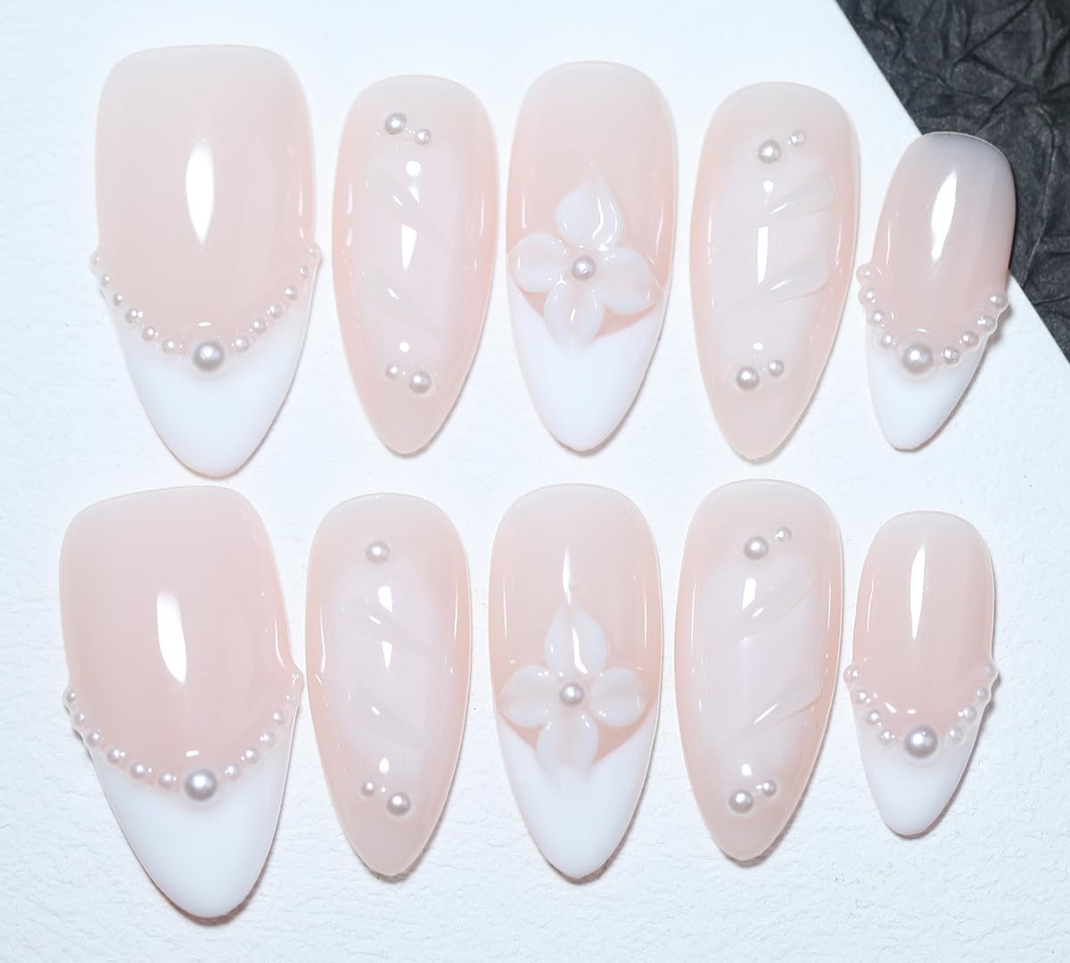 10Pcs Medium Almond Handmade Press On Nails | Easy Apply & Remove, Reusable Salon Quality Nails | Elegant Nude & White Fake Nails with 3D Floral & Pearl Accents(251217, XS)