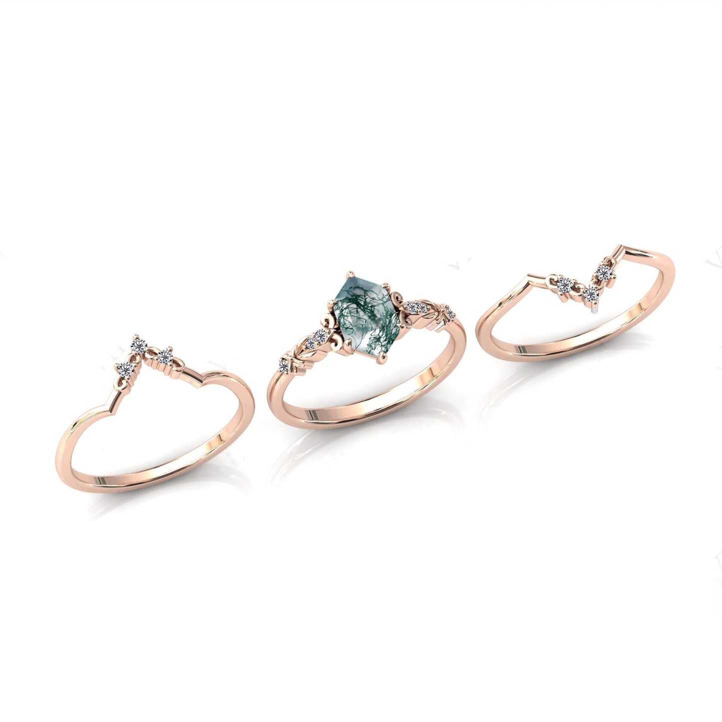 LELOUCHY Natural Moss Agate 925 Sterling Silver Rings Set Leaf Art Deco Hexagon Moss Agate Engagement Wedding Promise Rings Set Vintage Unique Bridal Jewelry Set for Women-9