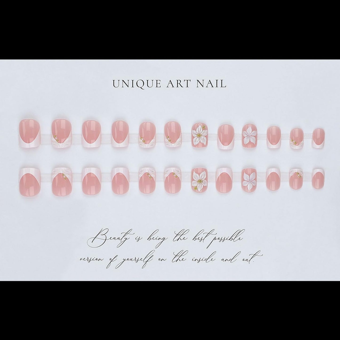Square Press on Nails Short MABKJLF French Tip Fake Nails 3D Handmade False Nails with Flower Gold Bead Designs White Glossy Glue on Nail Acrylic Nails for Women Girls 24Pcs