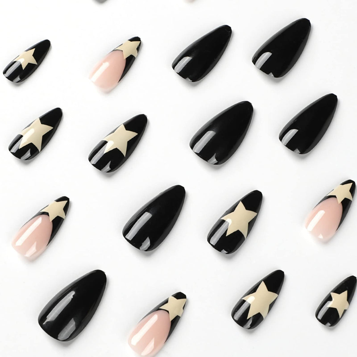 IMSOHOT Medium Almond Press on Nails French Black Fake Nails Stiletto Star False Nails with Designs Y2K Glossy Full Cover Acrylic Glue on Nails for Women 24PCS
