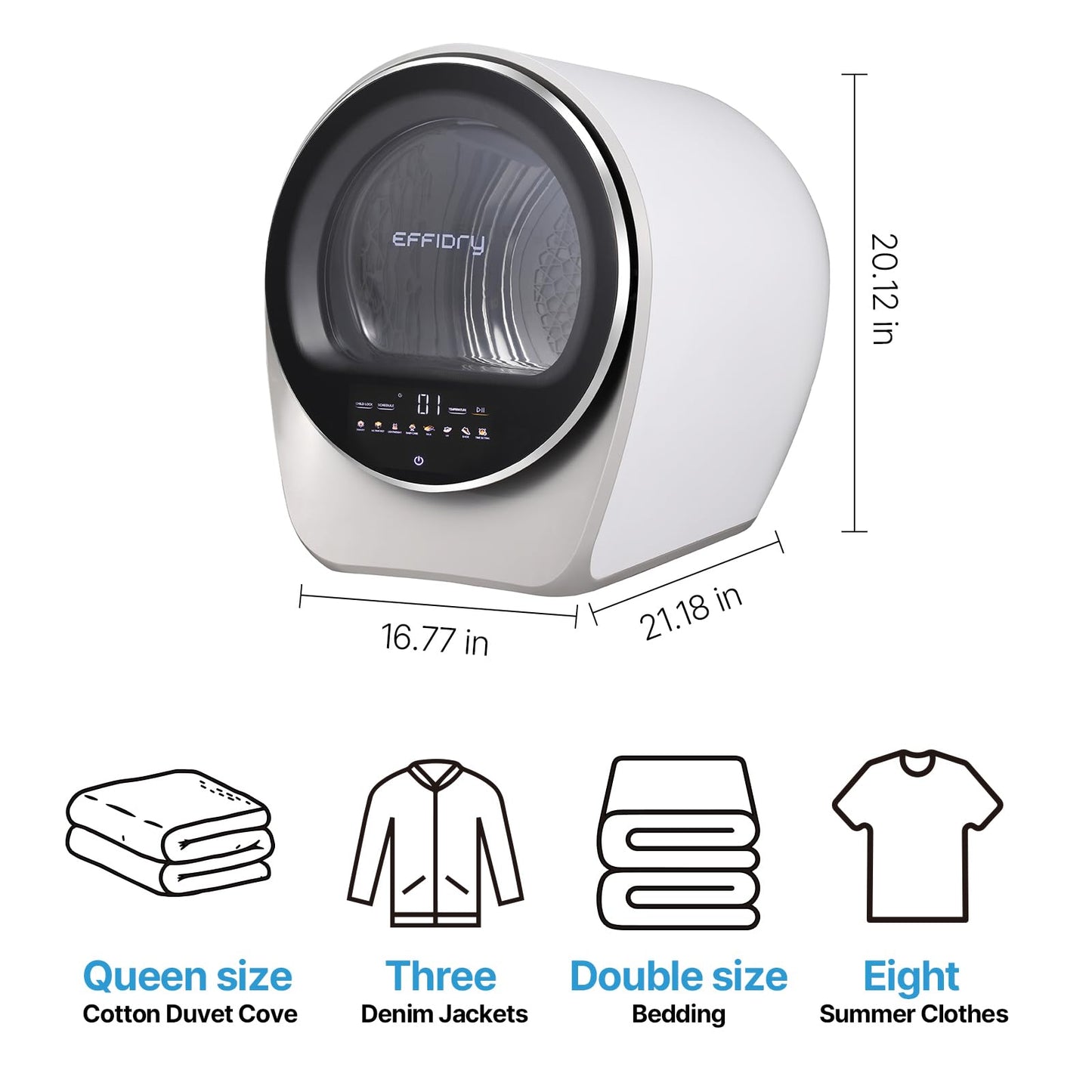 Effidry S3 Compact Clothes Dryer 1.0 cu.ft Capacity 110V 1050W Portable Dryers Machine with Stainless Steel Drum 8 Drying Mode for Small Spaces,Apartments dorm Mini electric secadora portatil de ropa