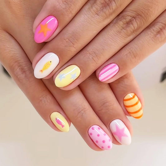Ocean Press on Nails Short Oval, Cute Fish False Nails, Glossy Colorful Pink Star Fake Nail Polka Dot Glue on Nail, Yellow Striped Stick on Reusable Acrylic Fingernails for Women Summer Beach