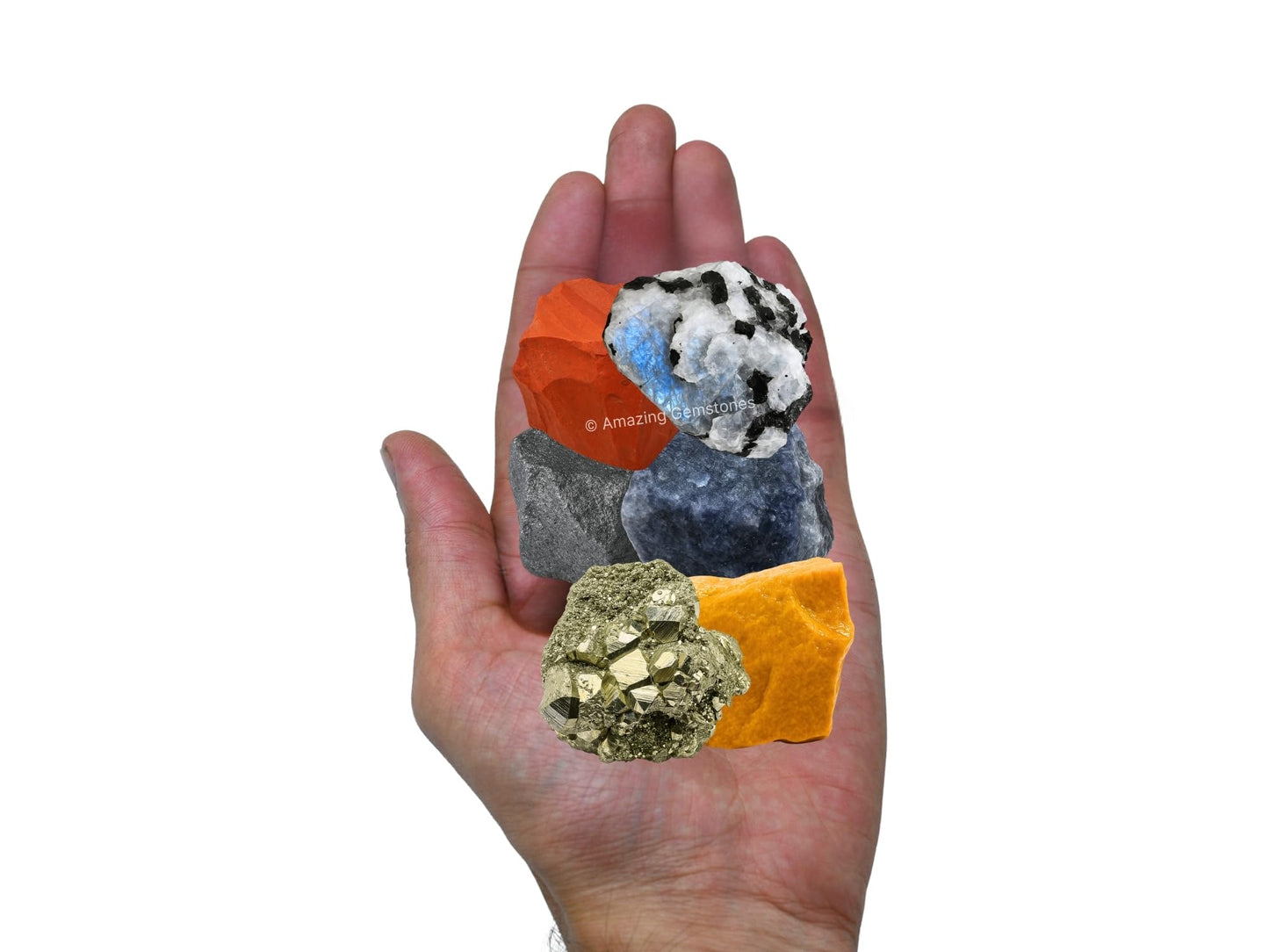 Amazing Gemstone Crystals for New Beginnings Manifestation, Set of 6 Rainbow Moonstone, Iolite, Red Jasper, Hematite, Yellow Jasper and Pyrite Healing Crystals and Stones