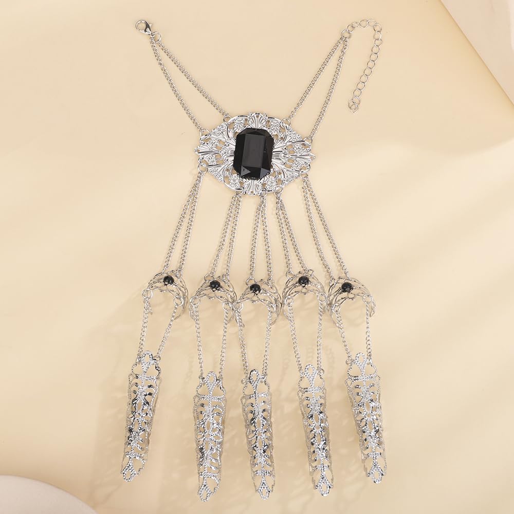 Chargances Halloween Finger Claw Nails Bracelet Gothic Ancient Queen Finger Extension Bracelet Belly Dance Indian Egyptian Hand Chain for Masquerade Cosplay Costume Jewelry (Silver)