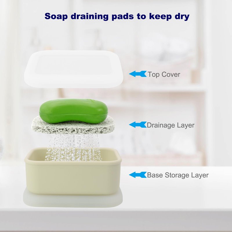 Travel Soap Case, Leak Proof Travel Soap Container, Silicone Soap Box with Drainage Layer, Shatterproof Soap Holder for Travel, Camping, Gym(Off-White, Regular)