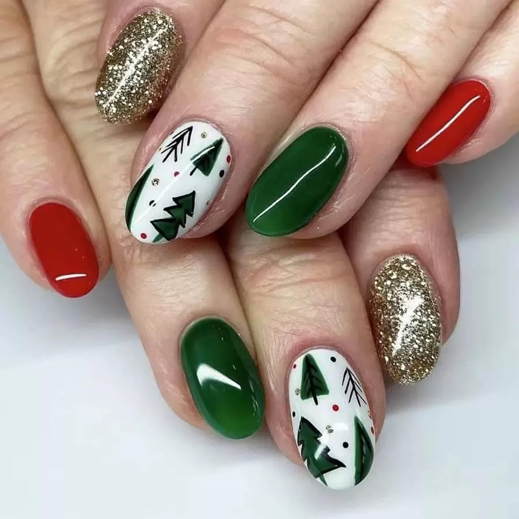 6 Packs (144 Pcs) Christmas Press on Nails Almond, Short Square Press on Nails, with Christmas Tree Snowflake Design Red Green Fake Nails for Women - 12 Sizes, 6 Styles