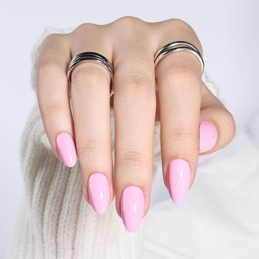 Leefrei Pink Press on Nails - Short Almond Glossy Baby Pink Nails, Soft Milky Pink Reusable Fake Nails Press ons for Women, 32 pcs in 16 Sizes False Nails Kit with Glue, Baby Pink