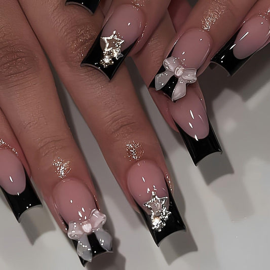 Medium Press on Nails Coffin Fake Nails Black French Tip False Nails with Bow Star Charms Design Glue on Nails Glossy Full Cover Stick on Nails Elegant Acrylic Nails Press ons for Women Manicure 24Pcs
