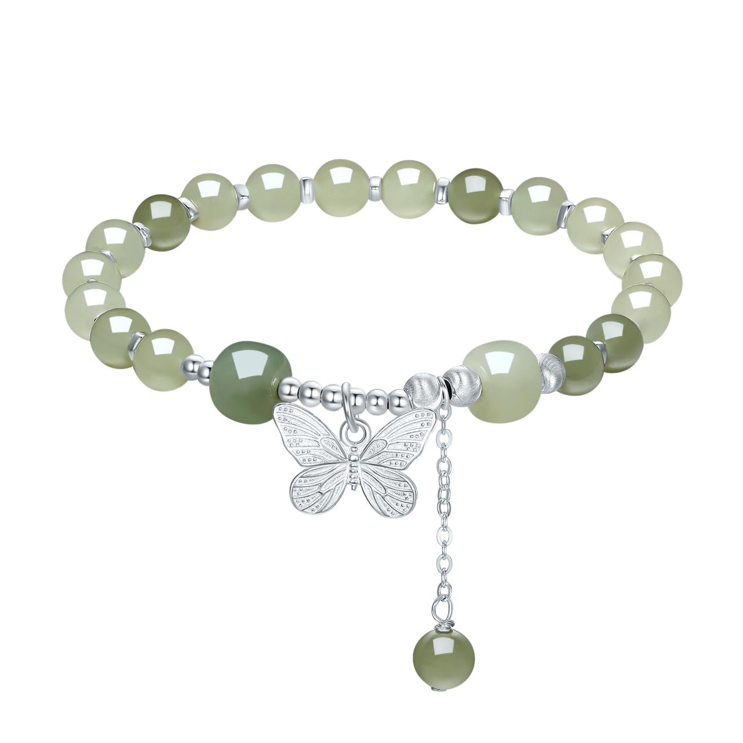 ZHOU LIU FU Sterling Silver Jasper Beaded Bracelets for Women S925 Silver Green Gemstone Bead Butterfly Stretch Bracelet Mom Birthday