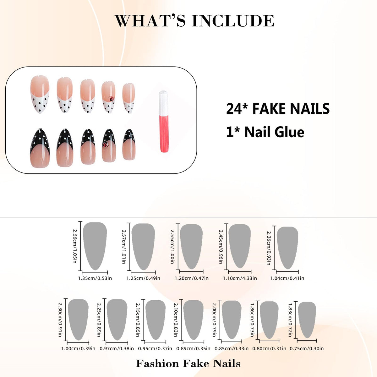 IMRAIN French Tip Press on Nails - Polka Dot, Medium Almond Fake Nails, 3D Red Ladybug Designs, Acrylic Full Cover False Nails, Glossy Black White Glue on Nails for Women Girls 24Pcs