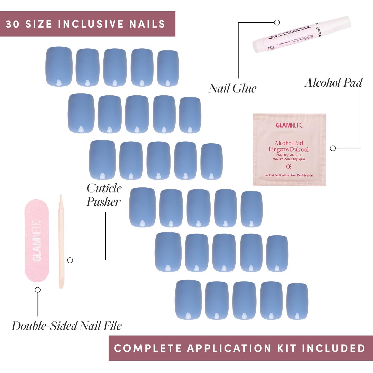 Glamnetic Press-On Nails - Cashmere Blue | Opaque Soft Blue Short Squoval False Nails | 15 Sizes - 30 Nail Kit with Glue & Nail Tabs