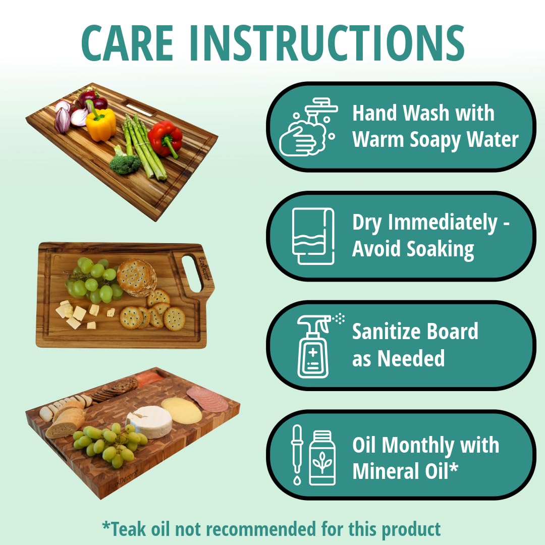 EcoDecors 3 Piece Teak Cutting Board Set with Handles, FSC Certified Edge Grain, Prep and Serving Boards for Kitchen