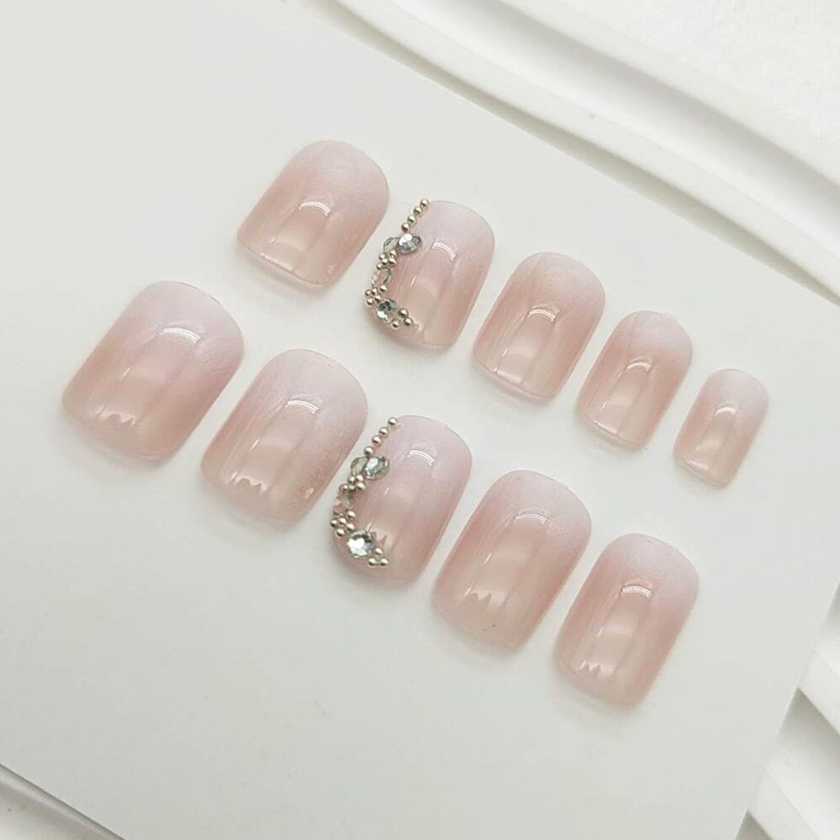 Gradient Press on Nails Short Square Fake Nails with Rhinestones Bead Ombre Designs Pink Nails Press ons White Glue on Nails Glossy False Nails Cute Stick on Nails for Women 24Pcs