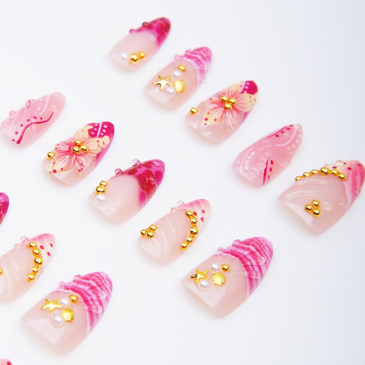 30Pcs Pink Handmade Press on Nails Medium Almond Fake Nails Gold Shell Starfish Gems Design Summer Glue on Nails 3D Flower False Nails Pink French Tip Acrylic Nails Spring Stick on Nails for Women