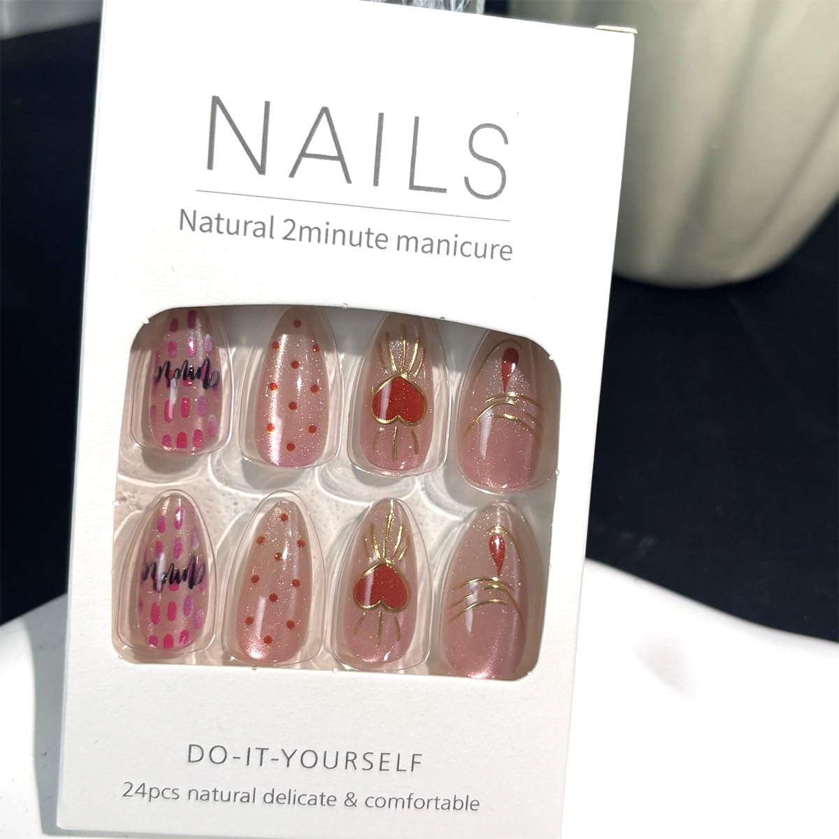 24Pcs Valentines Press on Nails Short Almond Fake Nails with Golden Lines Polka Dots Angel Designs Sweet Pink Full Cover Stick on Nail Romantic Heart False Nails for Women Holiday Nail Decorations