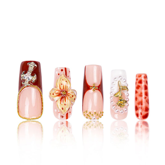 LOVFUL Press on Nails Vintage Boho Chic | Handmade with Full Covered Crystals | Reusable Full Cover Nails | Square Classic Regular 1.3 in | H365-M