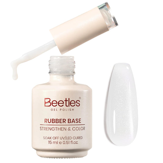 Beetles Milky White Rubber Base Gel Nail Polish 15ml, White Aura Shimmer for Cloud Ombre Nails, 2-in-1 Builder Base & Color Strengthening Self-Leveling Flexible Soak Off UV LED for Weak Natural Nails
