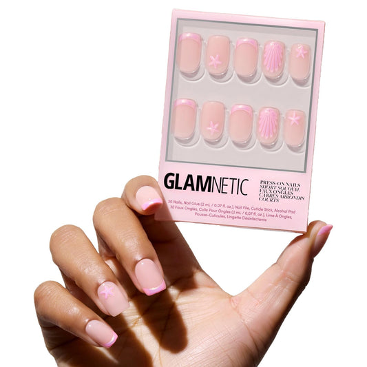 Glamnetic Press On Nails - Blush Dunes | Short Squoval Fake Nails with Pink French Tips and 3D Accents, Salon Quality Summer Nails | 15 Sizes - 30 Nail Kit with Glue
