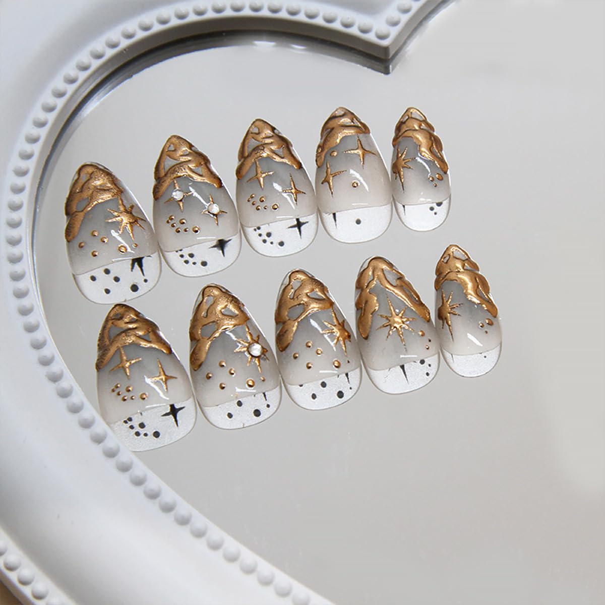 24Pcs Gold French Tip Press on Nails Short Almond Fake Nails 3D Gold Irregularity Design Nude Full Cover Glue on Nails Star Moon Stick on Nails Chrome False Nails for Women Acrylic Manicure Salon DIY